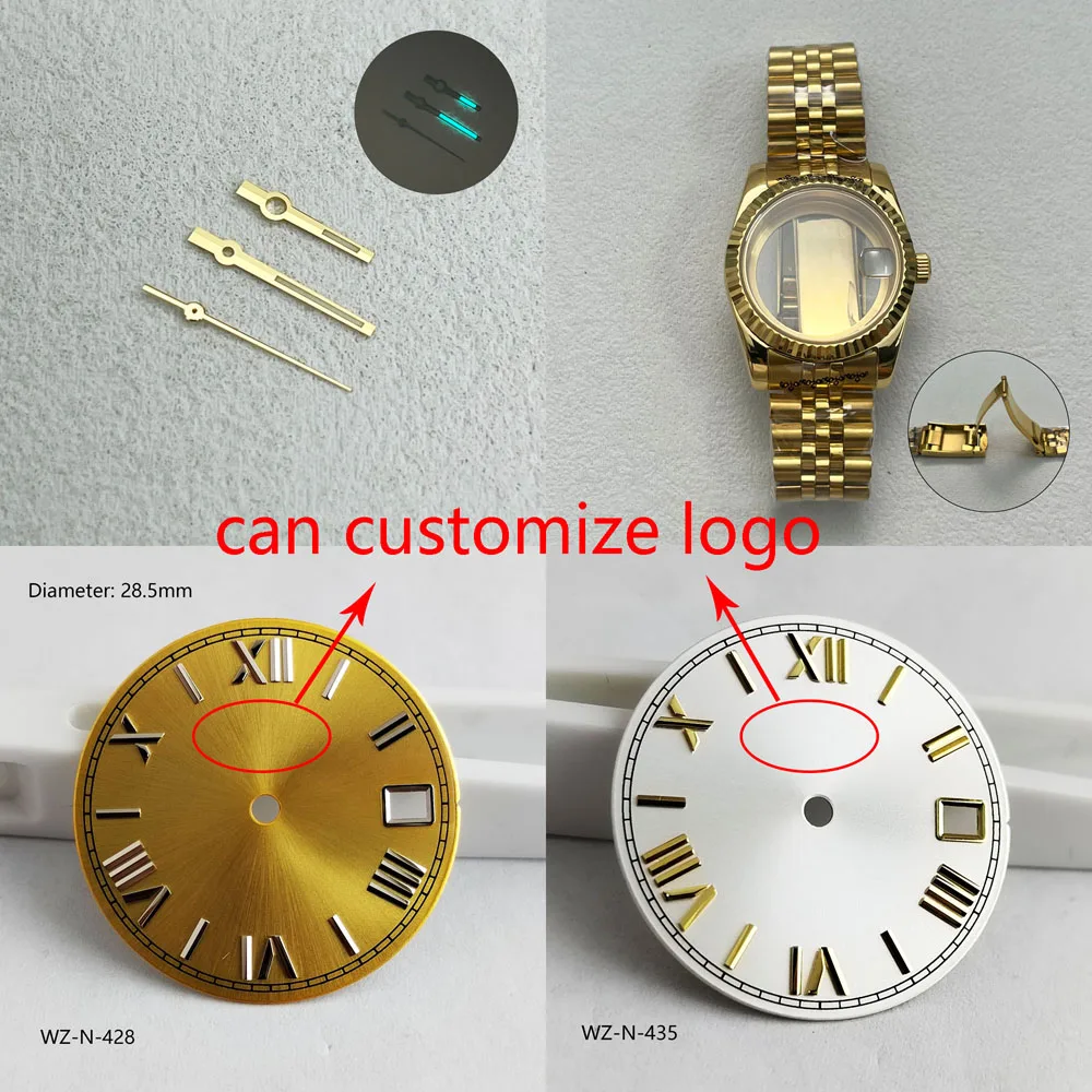 Quadrante nh35 28,5 mm sunburst viola glod quadrante romano cassa nh35 date_just con bracciale adatto movimento automatico NH35 logo personalizzato