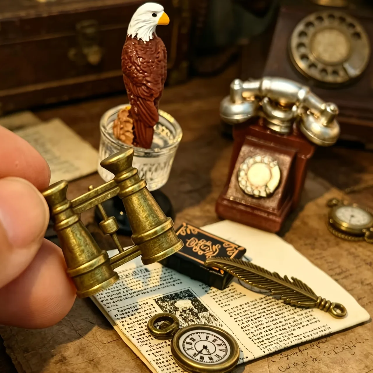 8Pcs Mini Vintage Nautical Scene Set,1：12 Dollhouse Decor,Mini Phone Telescope Eagle for Diorama Sand Table,Gift
