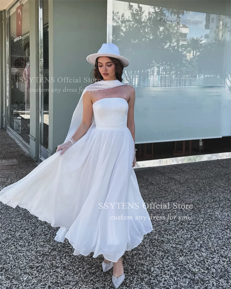SSYTENS White Wedding Dresses Simple Strapless Beach Bridal Dress with Scarf Ankle-Length Satin Civil Wedding Gowns Customized