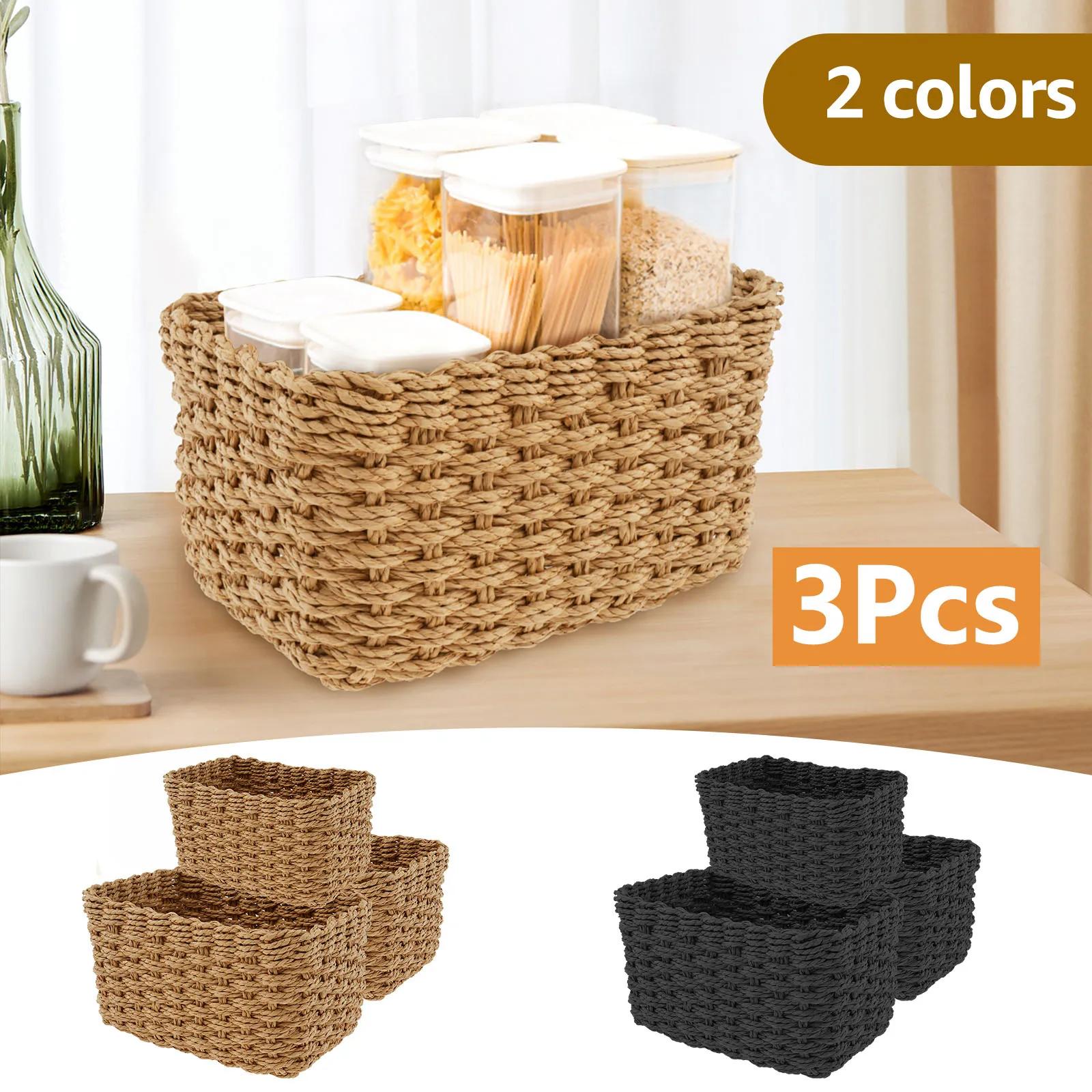 3Pcs Grass Woven Storage Baskets Decorative Woven Baskets for Storage Multifunctional Picnic Basket Fruit Cosmetic Storage Box