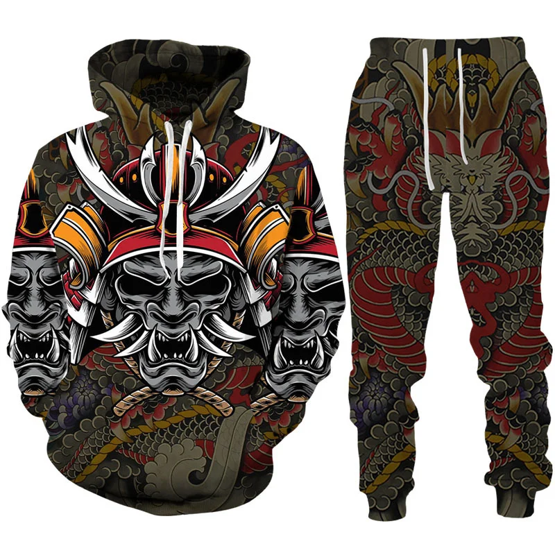 Cool Samurai Oni Mask Tattoo Art 3D Print Tracksuit Sets Casual Hoodie + Pants 2pcs Sets Fashion Man Woman Harajuku Streetwear