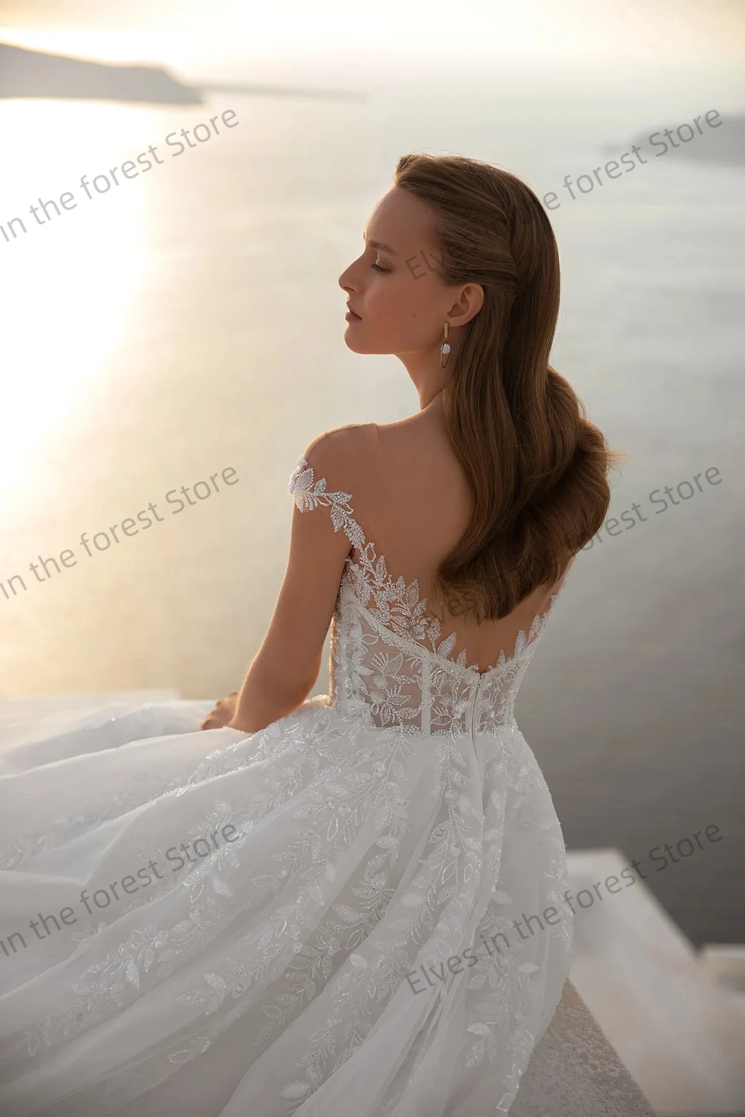 ชุดแต่งงานทรงเอไลน์สไตล์โบฮีเมียนสำหรับผู้หญิง แบบสั่งตัด คอทรงโอ ประดับลูกปัด ผ้าทูลล์ แต่งลูกไม้หรูหรา ชุดเจ้าสาว