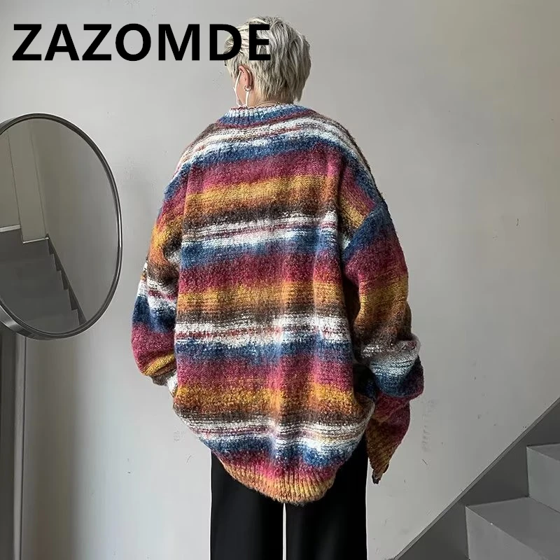 ZAZOMDE Winter Punk Knitted Sweaters Men Stripe Designer Oversized Harajuku Streetwear Sweaters Fall Hip Hop Cardigan Jumper Top