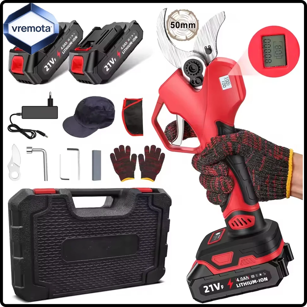 Vremota 1000W 50mm Cesoie elettriche da potatura senza spazzole Potatore a batteria Cesoie da giardino Rami di alberi da frutto Strumento di taglio con 2 batterie