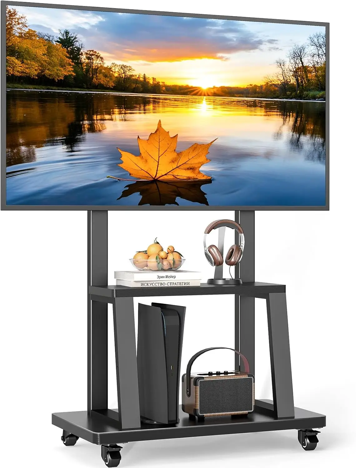 

Mobile TV Cart Rolling TV Stand for 37-75 inch TVs Up to 150lbs, Heavy-Duty Portable TV Stand on Wheels with 2-Tier Wooden Stora