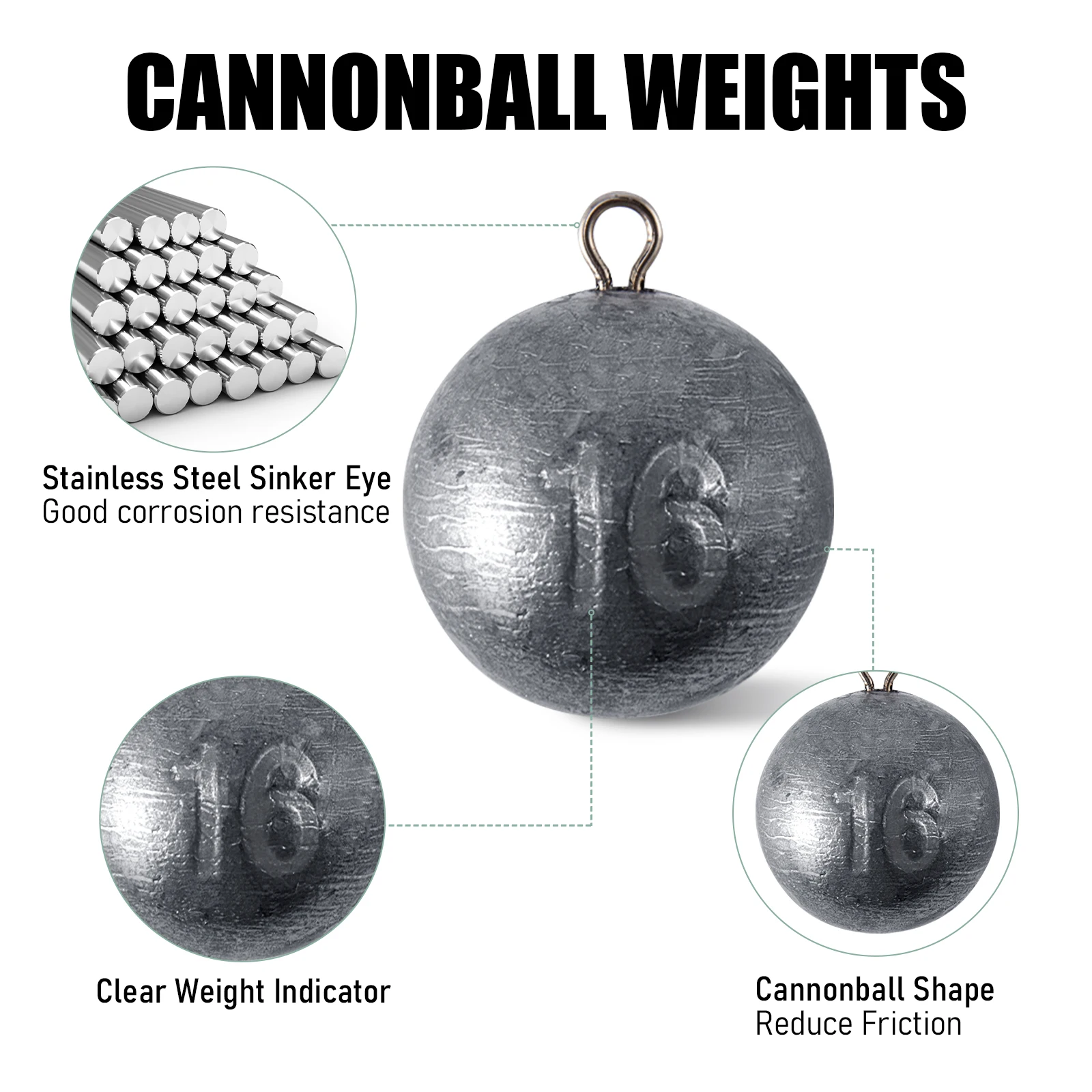 1-16oz Cannonball Fishing Weight Sinkers Saltwater Ocean Trolling Downrigger Weight Bottom Fishing Round Ball Lead Sinkers - Image 4