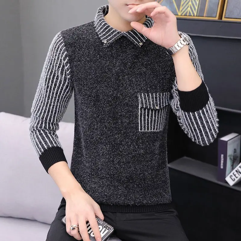 Fashion Striped Button Pockets Fake Two Pieces Sweaters Men\'s Clothing 2023 Autumn Winter Casual Pullovers Knitted Striped Tops