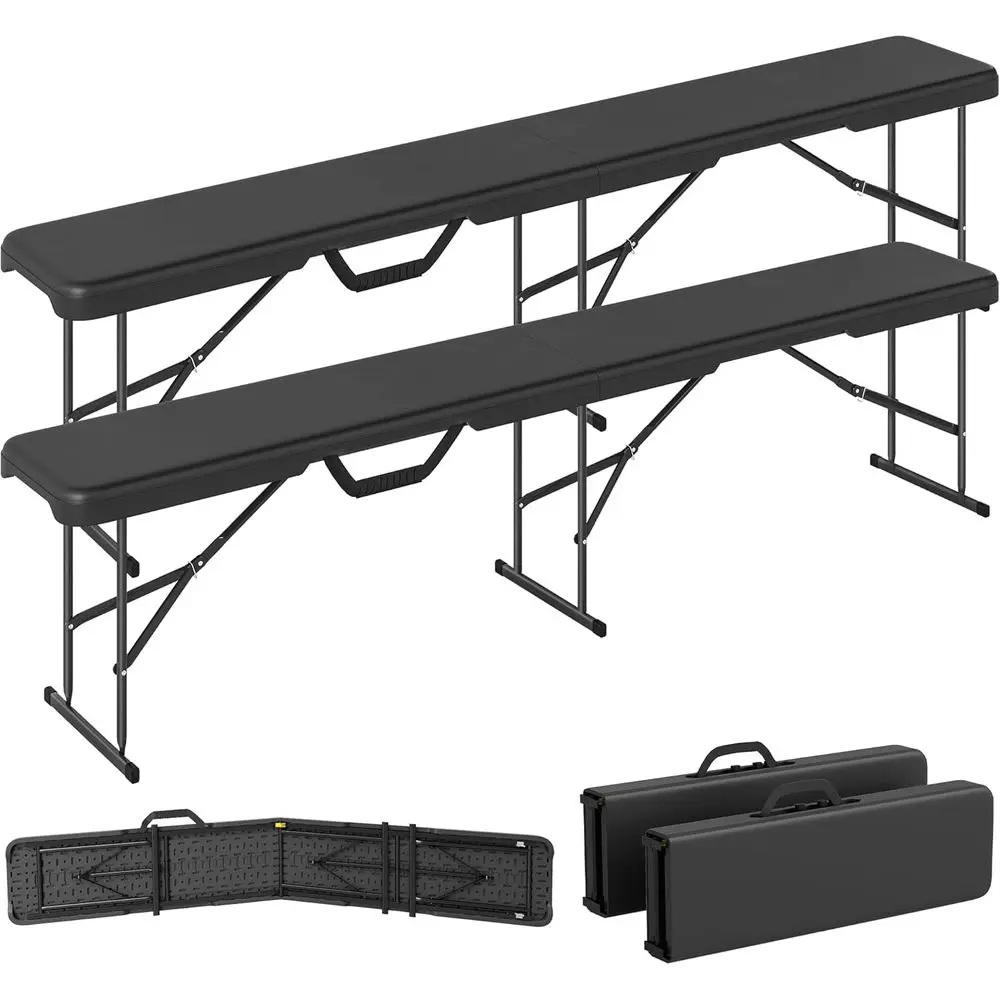 2-Pack 6ft Portable Folding Benches with Carrying Handle, Non-Slip Mat, HDPE Tabletop, Ideal for Picnic, Camping, BBQ, Sports -