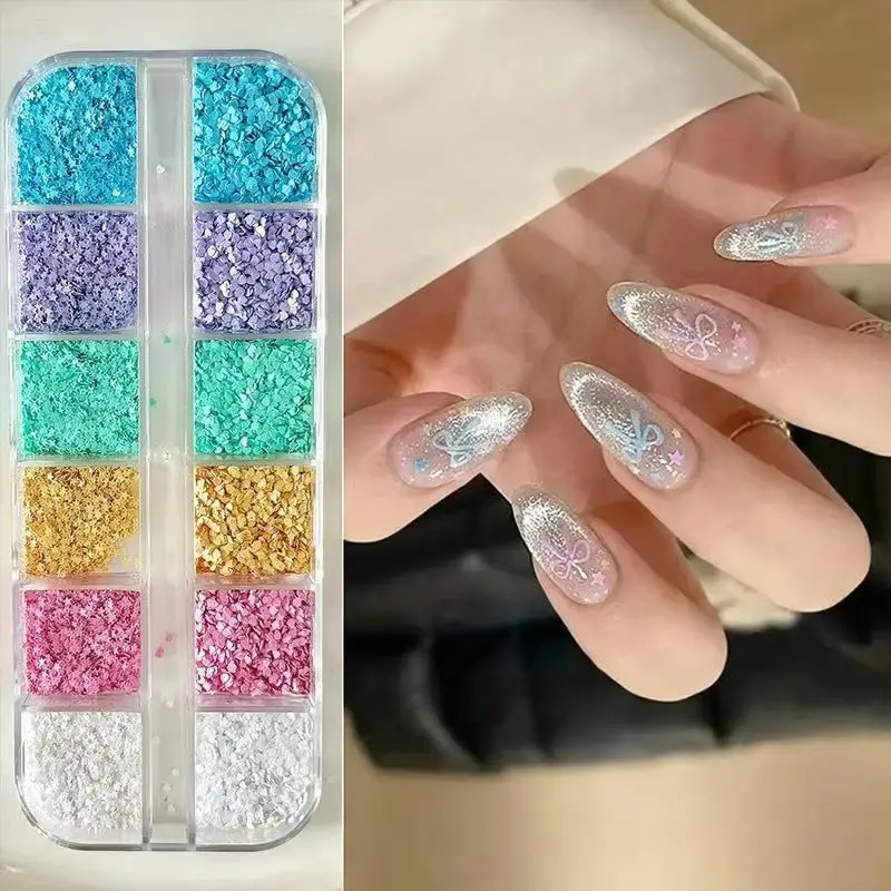 12Grids Macaron Color Mini Heart Star Shape Sequin Nail Glitter 1mm Ultra-thin Nail Flakies Paillettes DIY Manicure Decoration