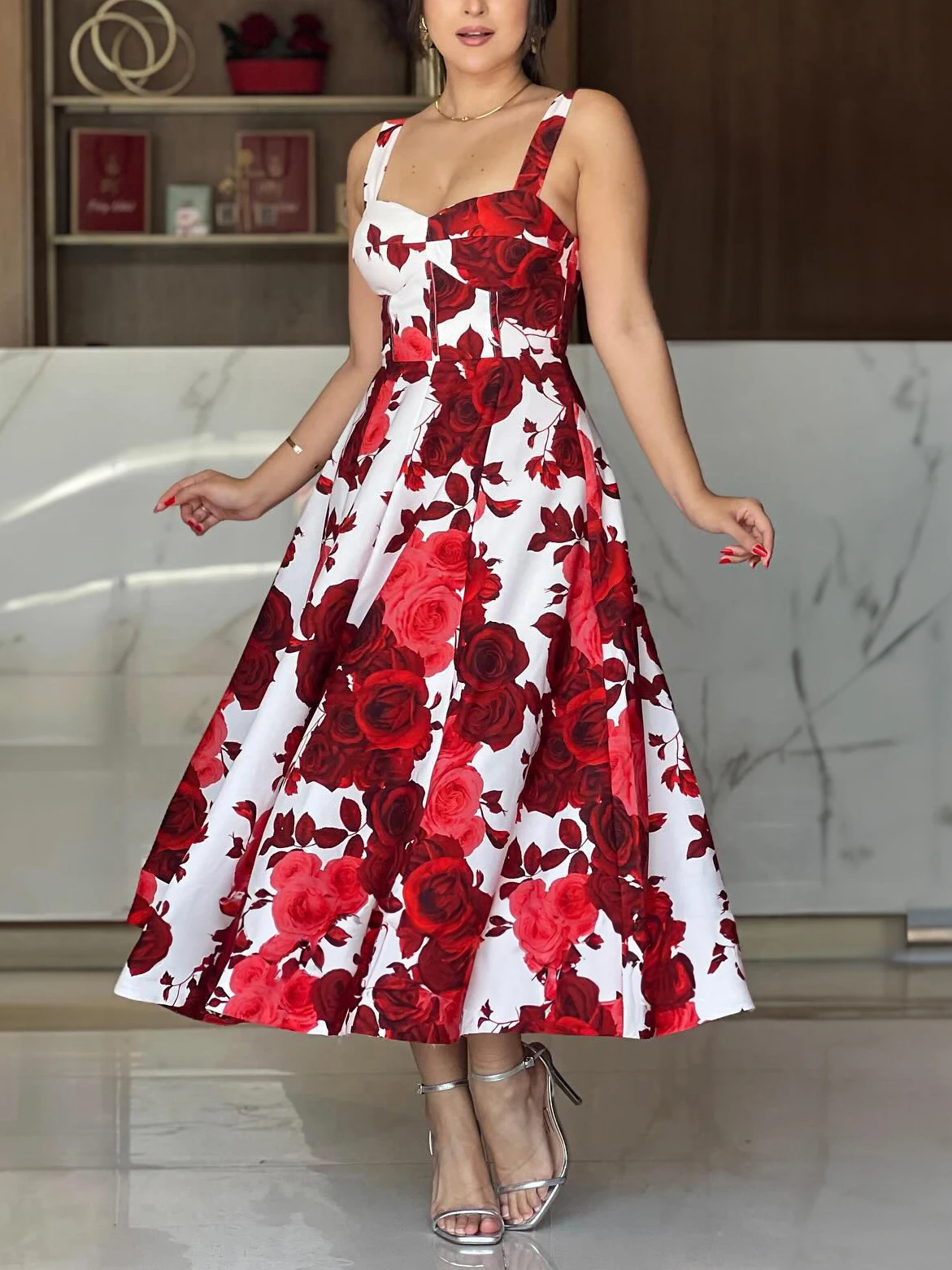 Women's Elegant Romantic Floral Printed Long Dresses, Casual Strapless, A Line Dresses, Ladies Side Split, Summer