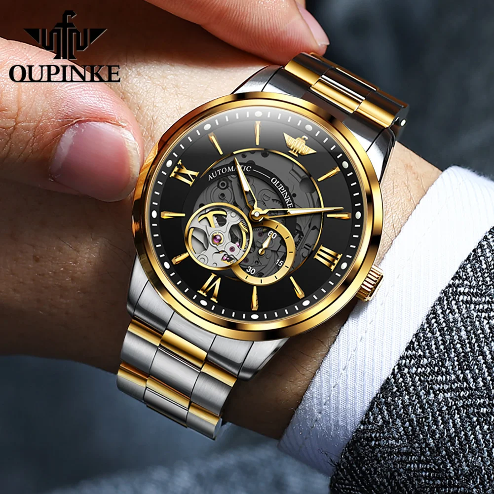 OUPINKE 3190 Business Hollow Mechanical Watch For Men Synthetic Sapphire Mirror 50M Waterproof Wristwatch Top Brand Man Watches