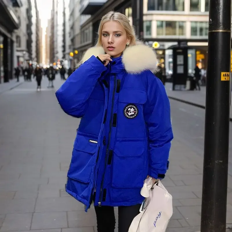 Chic Fur Collar Hooded Puffer Jacket Winter Women Parkas Pockets Warm Loose Zipper Cotton-padded Jacket Design Clothing Coats