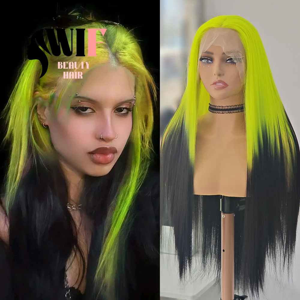 

WIF Neon Yellow Ombre Hair Synthetic Wig Gradient Black Straight Lace Front Wigs Women Cosplay Use Neon Green Roots Black Hair