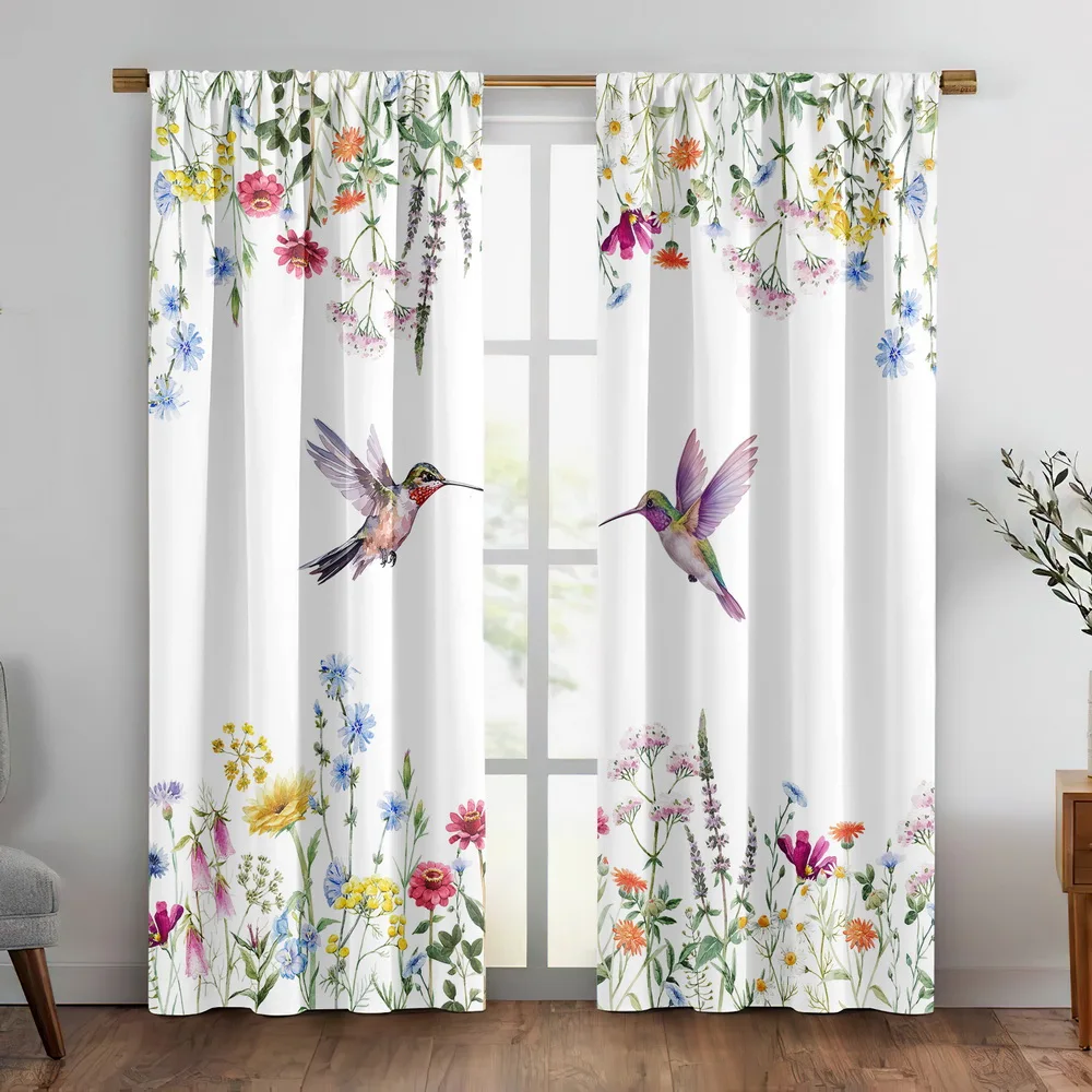 Watercolor Hummingbird and Wildflower Curtains, Colorful Bird Print Sheer Drapes for Living Room, Nature Home Decor