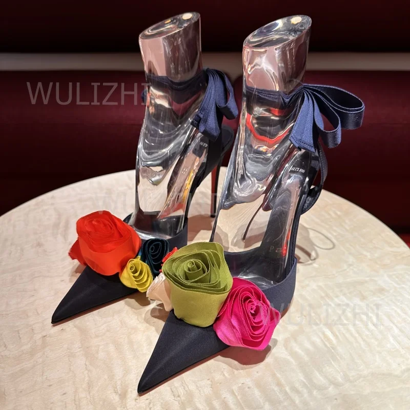 

Iridescent Floral Appliqu Sandals Women Deep Blue Silk Pointed Heels Red Lace Canvas Ankle Strap Slingback Dress Evening Shoes