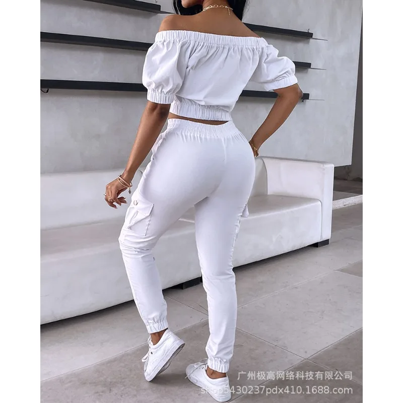 2024 Spring Summer New Women\'s Clothing White Off-Shoulder Short Sleeve Patch Pocket Top Suit Casual Trousers Set