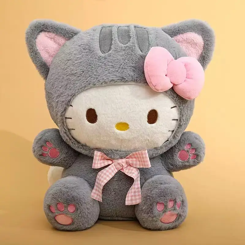 18-22CM Cute Grey Cat Hello Kitty Plush Doll Checkered Bow Kt Stuffed Toy Soft Pillow Home Room Decoration Birthday Gift