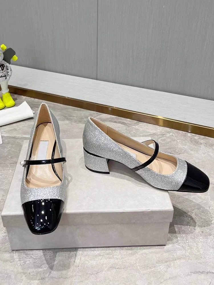 Retro Pearl Detailing Mary Jane Shoes Silver Thick Heel Square Toe Women's Fashion Leather Footwear Popular Temperament Single