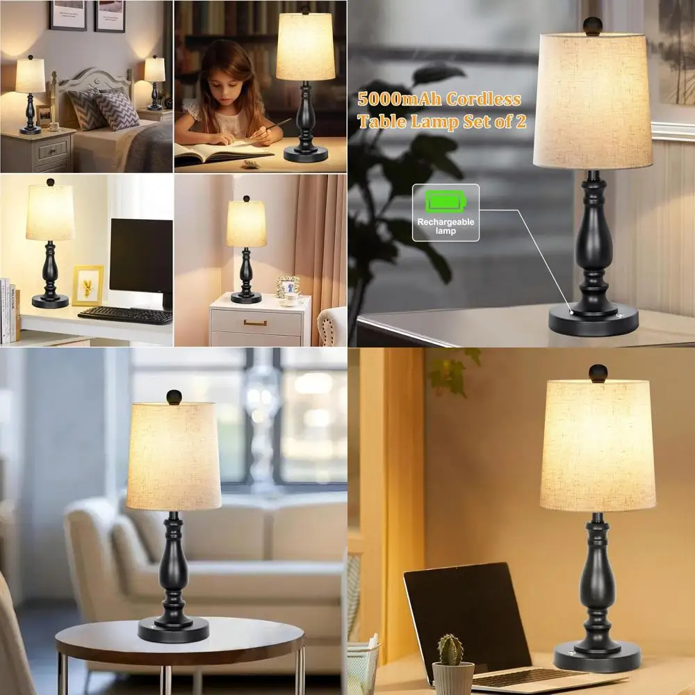 

Set of 2 Rechargeable Battery-Powered LED Table Lamps, 3-Way Dimmable, Touch Control, Modern Bedside Desk Lamps for Home, LED Bu