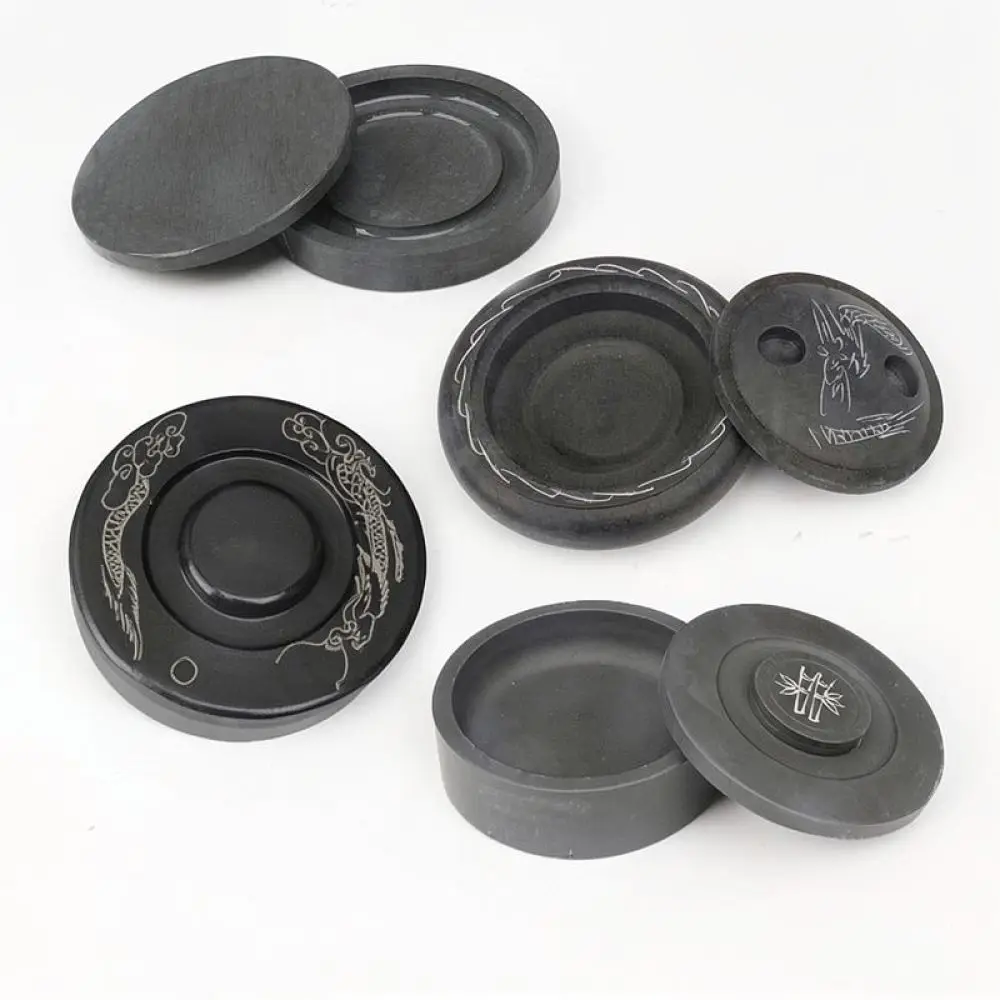 Classic Round Calligraphy Inkstone With Lid Ribbed Grinding Surface Natural Stone Tray For Student School Writing Aid