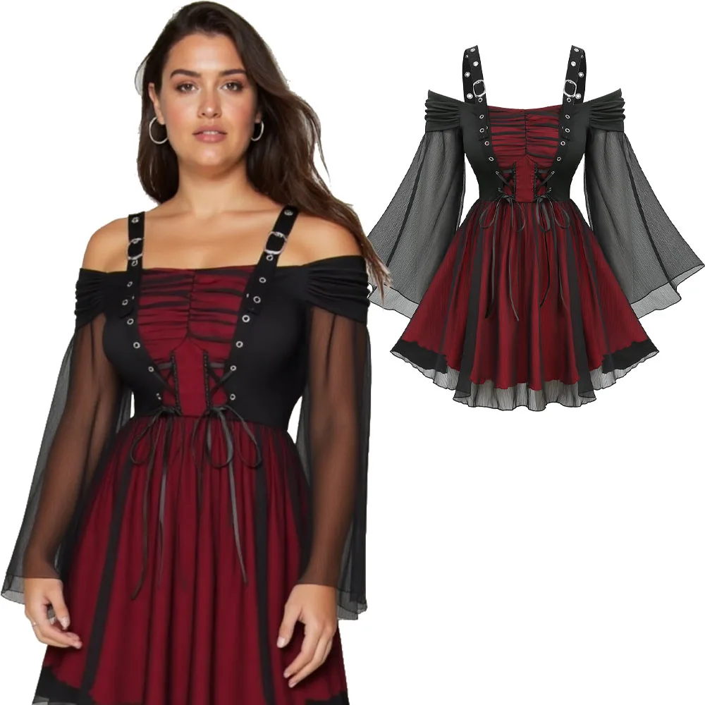 

New Arrived Women's Gothic Blouses Steampunk Punk Lace Up Grommets Cold Shoulder Sheer Mesh Flare Long Sleeves Tops