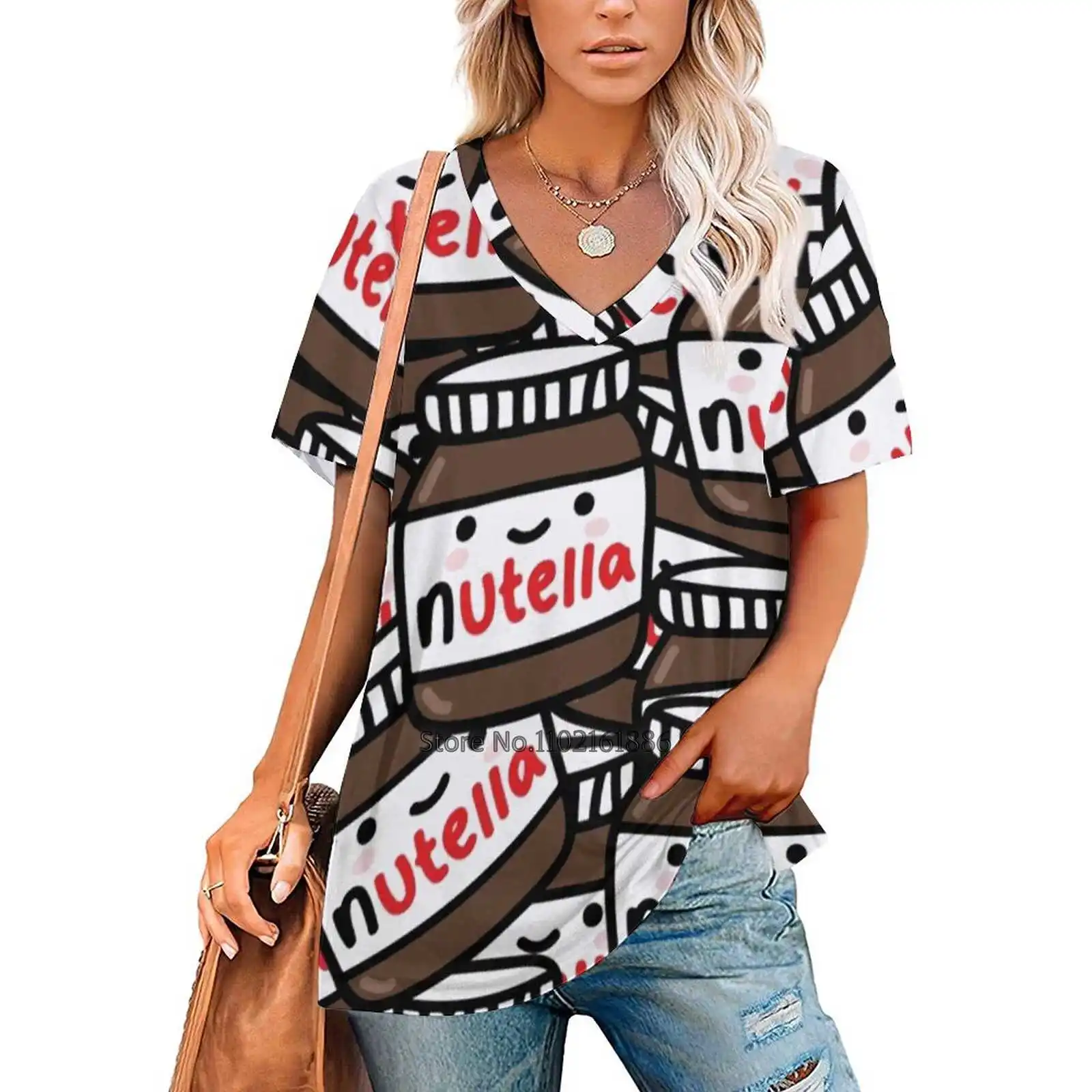 Cute Nutella Pattern! Women V Neck T-Shirt Casual Sexy T Shirts Hollow Out Zipper Pullover Top Funcases Fun Cases 4Ogo