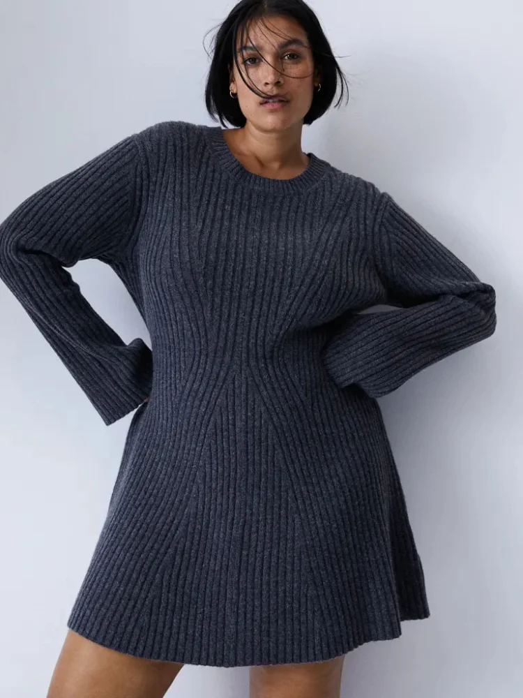 

Elegant Knitted Ribbed Sweater Mini Dress Women Autumn Winter Flare Sleeve O-neck Vestidos Party Club Ladies Pullover Dresses