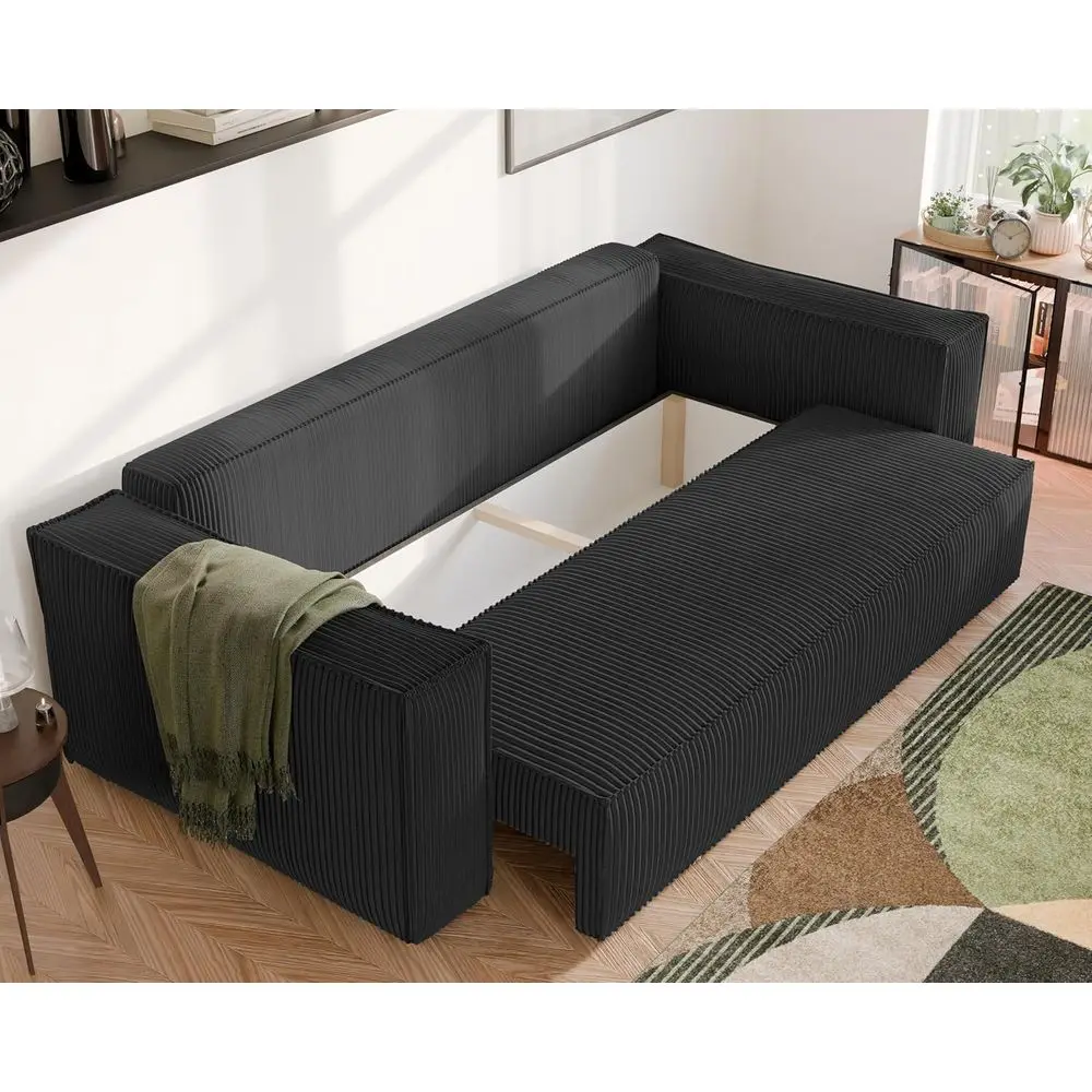 Three-Seater Corduroy Sofa Bed with Storage, 255 x 105 cm, Black, Living Room image 6