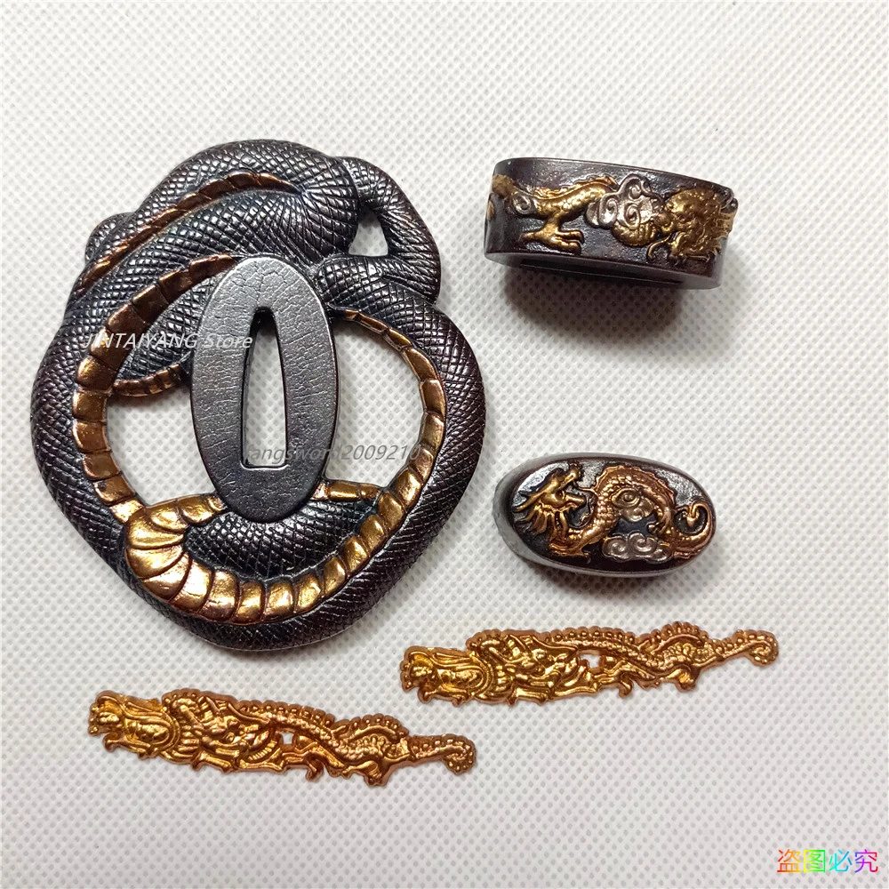 Wonderful Set Copper Brass Carved Snake Tsuba Guard Fuchi Kashira Fittings For Japanese Sword Samurai Katana Accessories