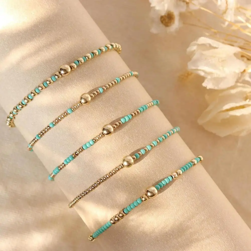 Layered Wrist Accessories Stackable Beaded Bracelets 5pcs Beaded Bracelet Stack for Women Tiny Beads Elastic Stretch for Teenage