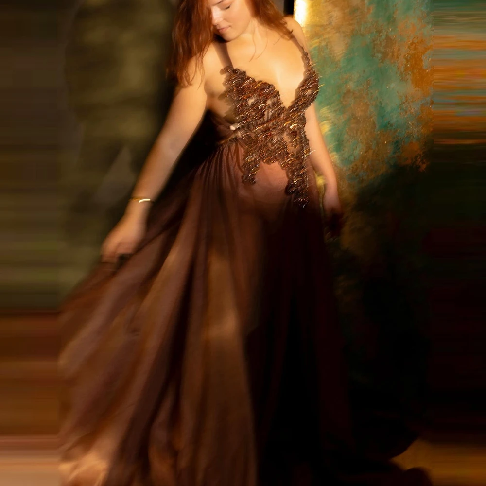 

Тюлевое вечернее платье с блестками и бисером, сексуальное сетчатое платье трапециевидной формы с глубоким v-образным вырезом и кристаллами для беременных женщин, летние платья для фотосессии