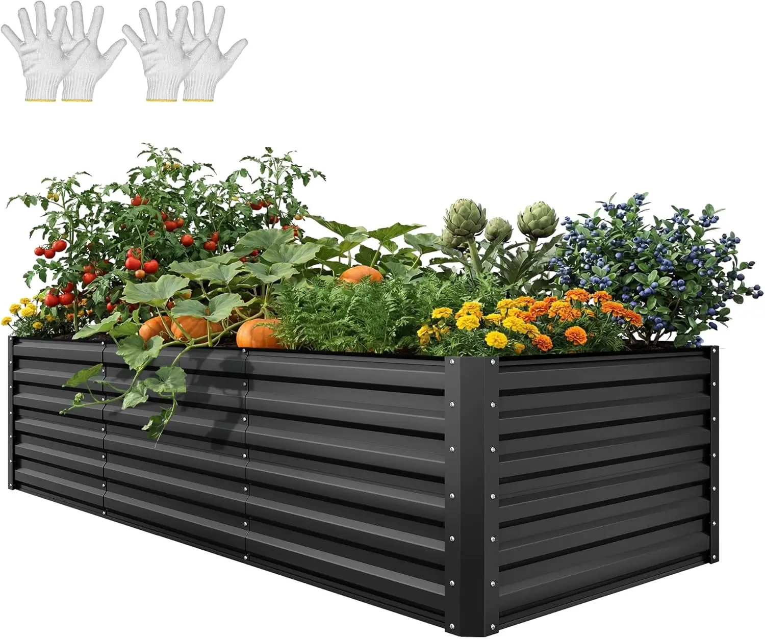 Large 8x4x2ft Galvanized Metal Raised Garden Bed Kit with Gloves, Nails, Rod & Rubber for Outdoor Plants Vegetables Flowers