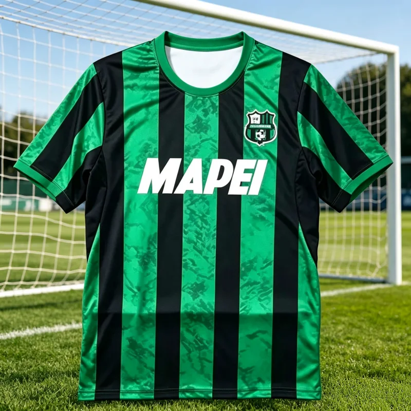 26 27 Jersey Sassuolo, grün-schwarzes Streifenmuster, Fußball-T-Shirt, passende Familien-Outfits, Fußball-Trainingskleidung, Sportbekleidung, Oberteile. – Detail 1