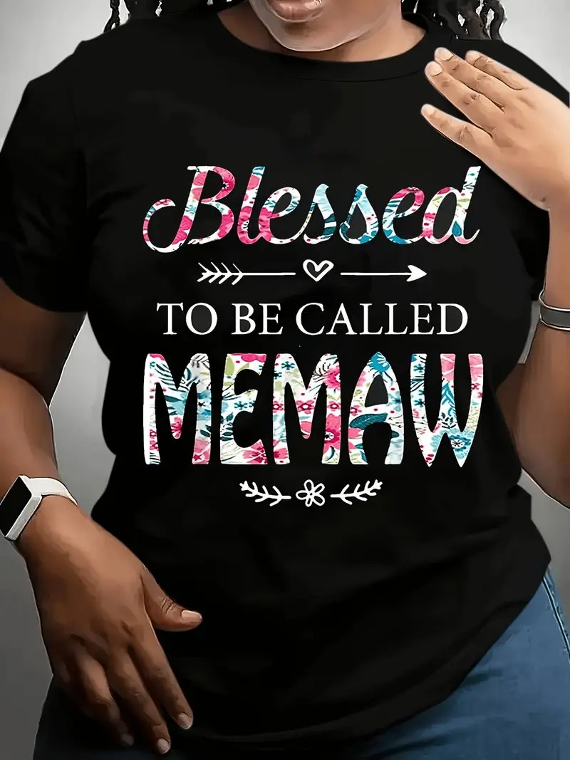 Plus Size Women's Vintage Blessed To Be Called Memaw T-Shirt Grandma Gift Colorful Floral Wreath Heart Print Black Top Retro