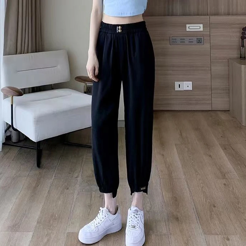 Women Summer Trendy Appliques Harajuku Streetwear Harem Pants Ice Silk High Waist Straight Cropped Trousers Pantalones De Mujer