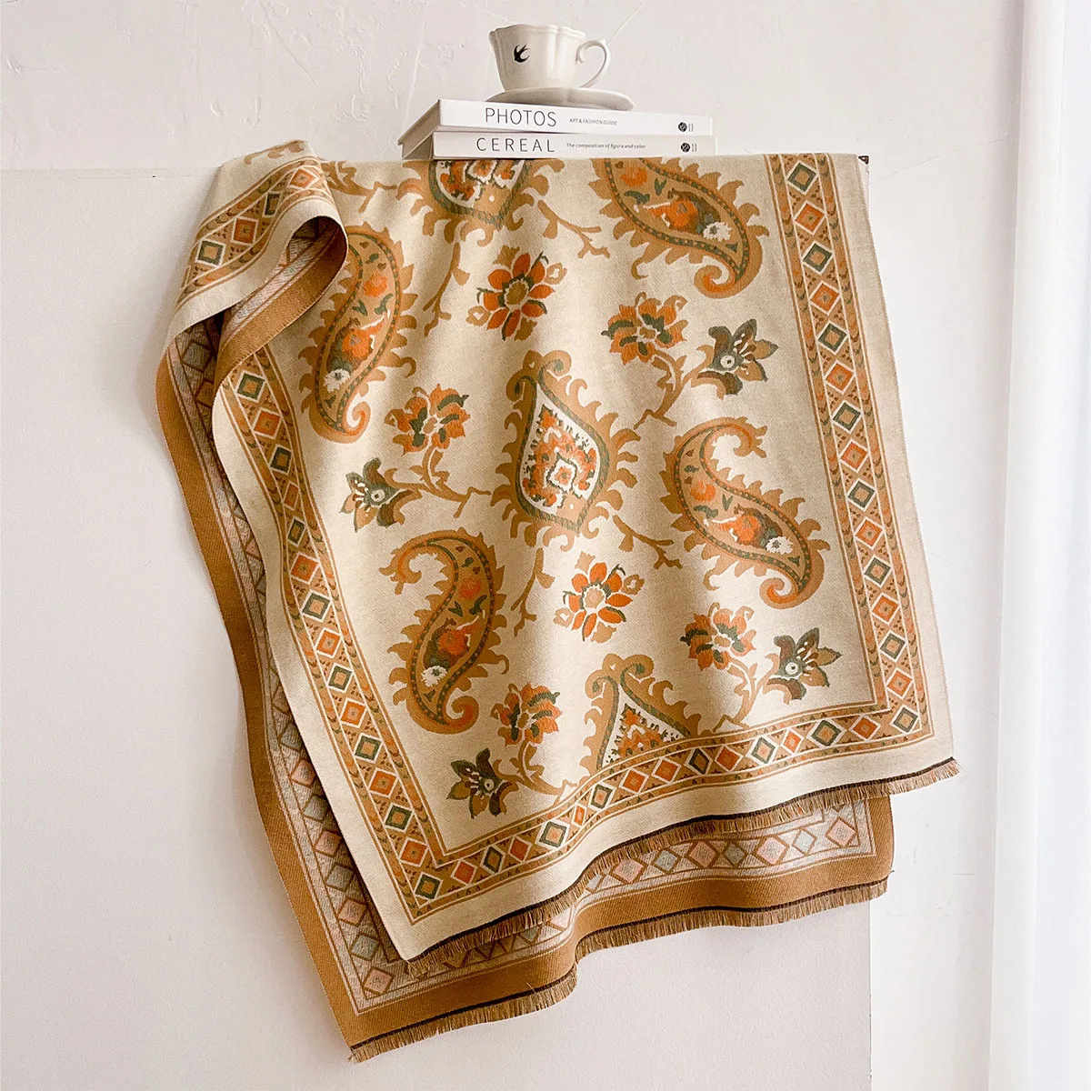 Boho Ethnic Paisley Floral Border Printed Imitation Cashmere Scarf Tassel Edge Large Warm Shawl Fashion Outer Wear Wrap