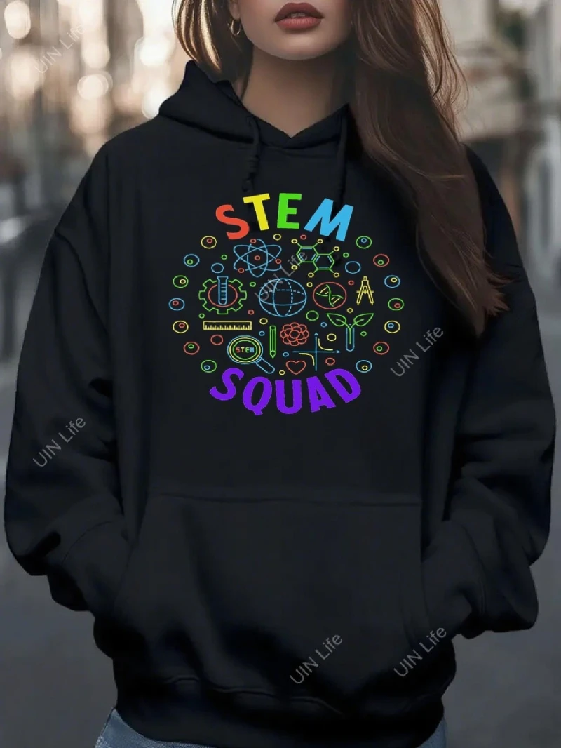 

Women's Science Technology Engineering Math Hoodie Black Hooded Sweatshirt with Colorful Stem Graphic Adjustable Drawstring Hood