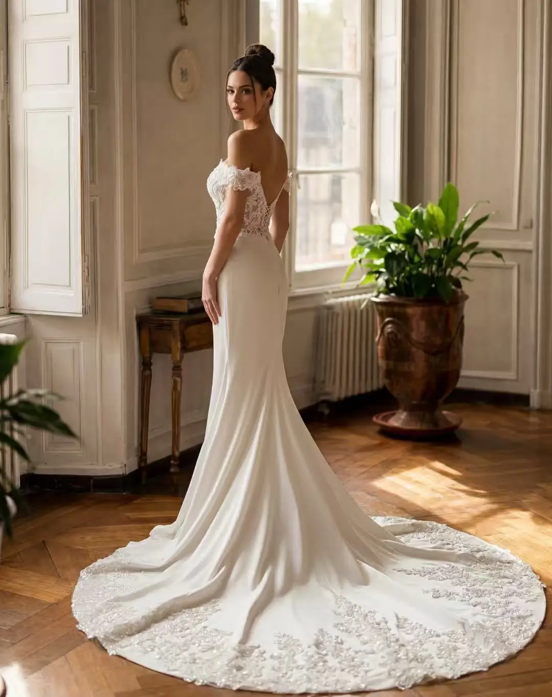 Classic Lace Appliques Wedding Dress for Women Off the Shoulder Mermaid Lace up Vestido De Casamento Customised