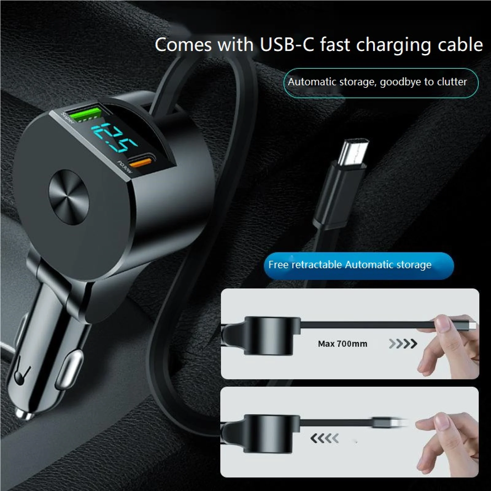 PD30W Retractable Car Charger 3 in 1 Fast Car Phone Charger USB C Car Charging Adapter for iPhone Huawei Xiaomi Samsung