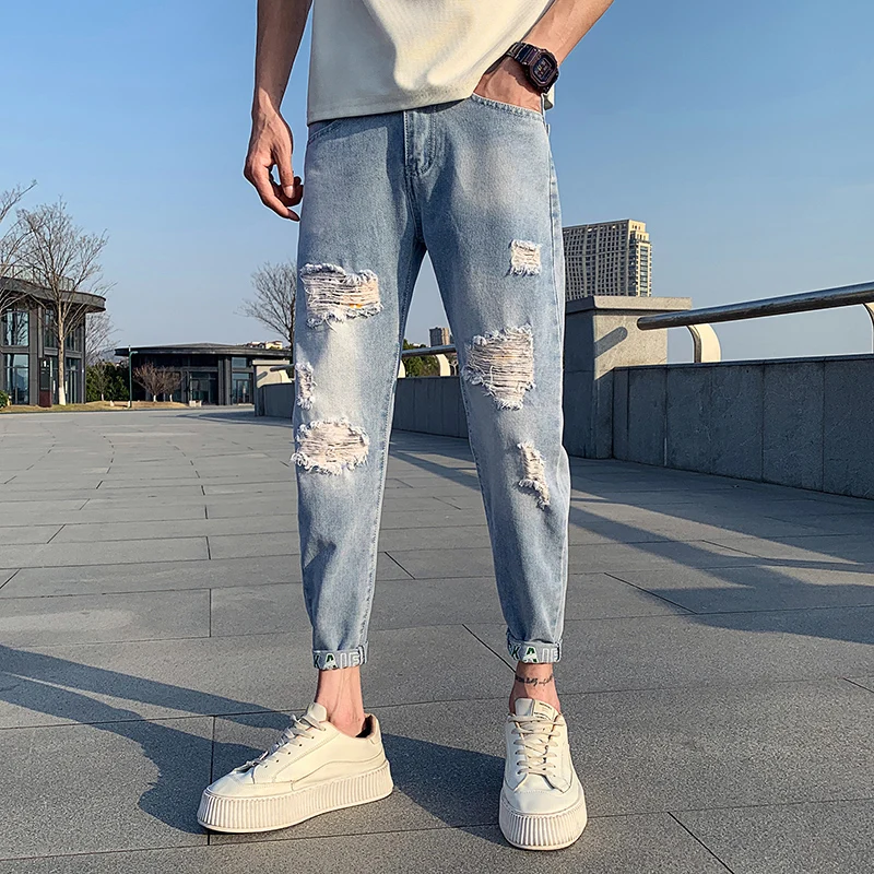 Jeans For Men 2025 Spring Korean Fashion Mens Ripped Jeans Pants Simple All Match Ankle Length Slim Fit Casual Denim Trousers 36