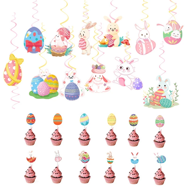 

Easter Decoration Theme Party Cake Flag Rabbit Egg Spiral Pendant Happy Easter Party Supplies