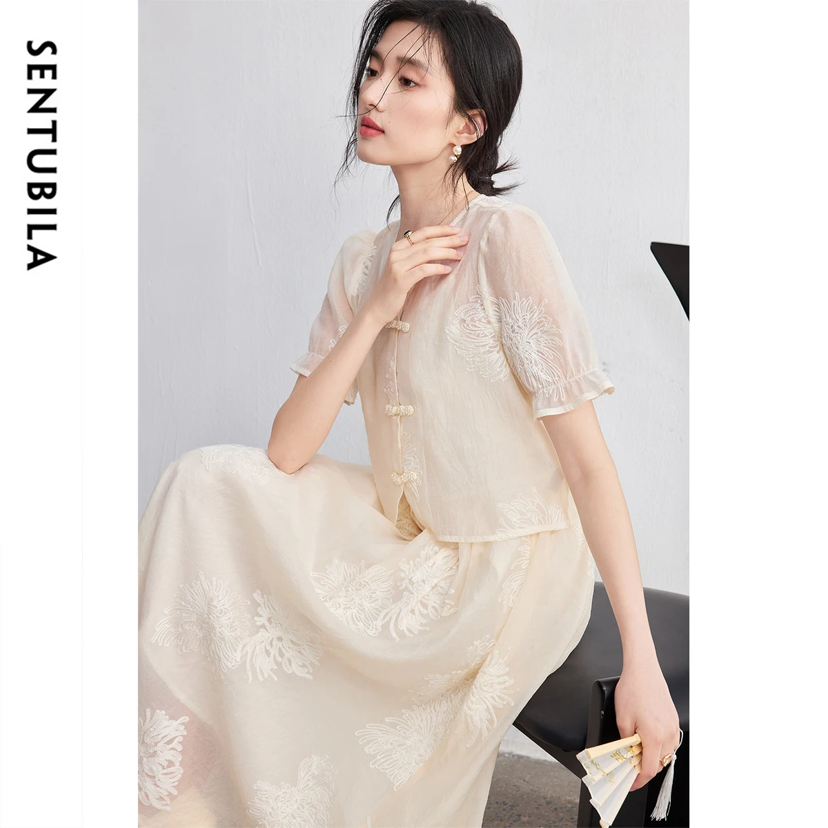 SENTUBILA Chinese Style Beige Suits for Woman 2025 Single Breasted V Neck Tops Suspender Dress Summer Casual Outfits 152ZC2797