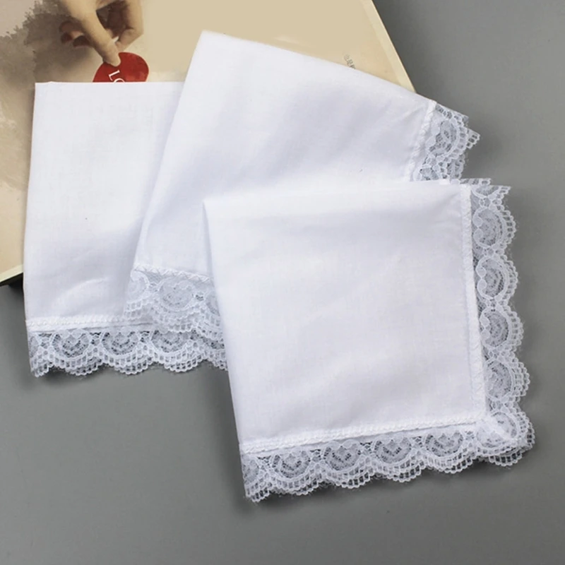 Fazzoletto cotone con finiture in pizzo tie-dye portatile per donna uomo Fazzoletto cotone bianco gentiluomo Fazzoletto
