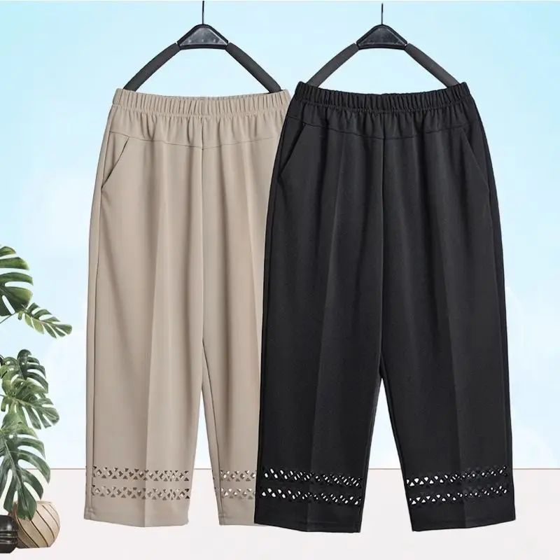 

Summer Office Lady Simplicity Solid Color Elastic Waist Calf-Length Pants Ladies Fashion All-match Hollow Out High Waist Harem