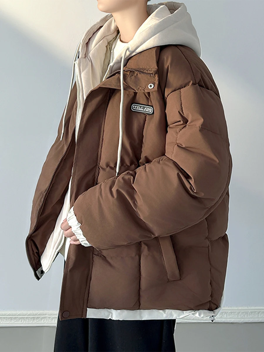 

Caramel Hooded Thiened Winter Jaet for Men Student Faion Brand Hong Kong Sle Loose Fit Cotton Clothing Outerwear