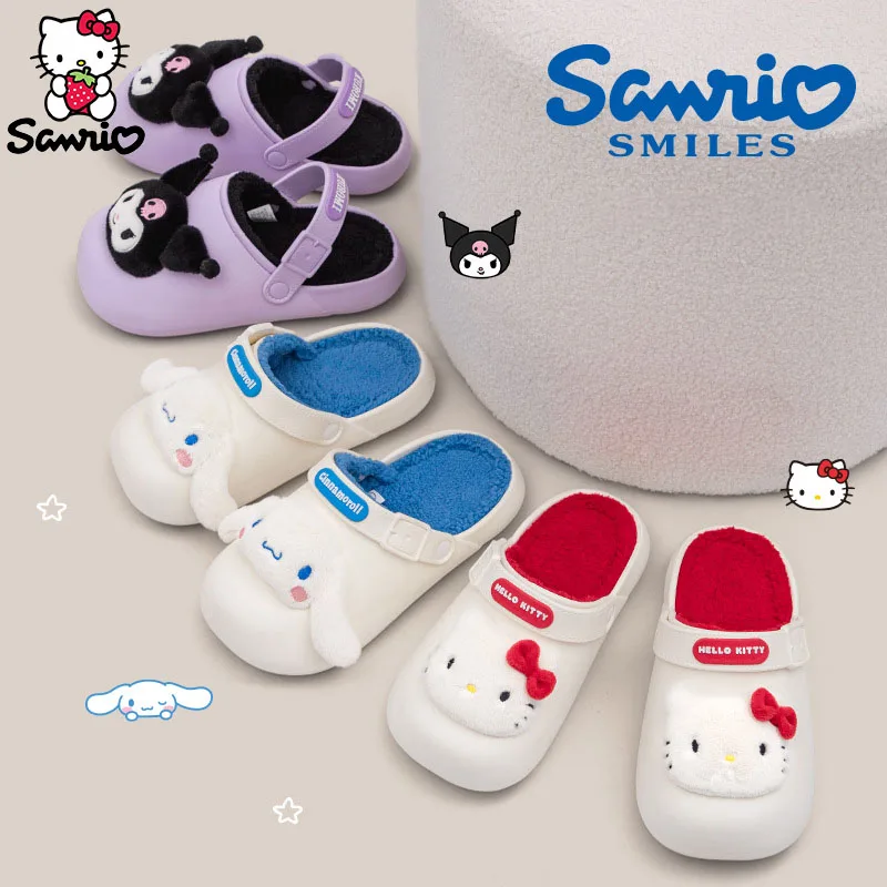 Kawaii Sanrio Hello Kitty Kuromi Damen Hausschuhe Cinnamoroll Cartoon Niedlich Wasserdicht Weiches Fell Warme Indoor Home Schuhe Flip Flops