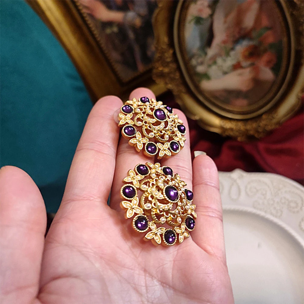 Medieval Vintage Purple crystal  Ear Clip Brooch earrings  for women's girl  No ear hole  Jewelry accessories