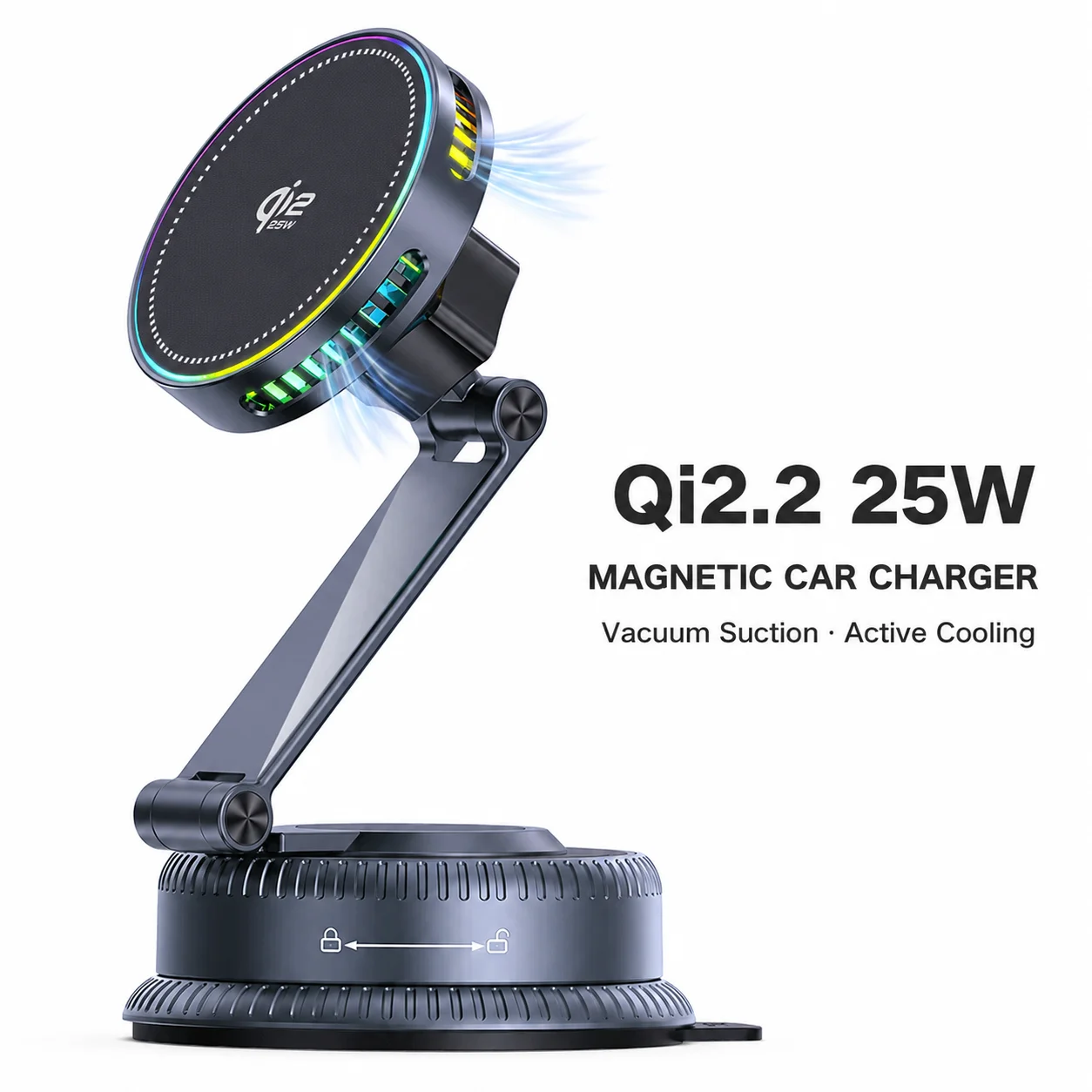 360 Rotate ICE Cooling Fan QI2 25W Magnetic Car Wireless Charger Mount Vacuum Suction Cup Phone Holder for iPhone 17 16 Pro Max