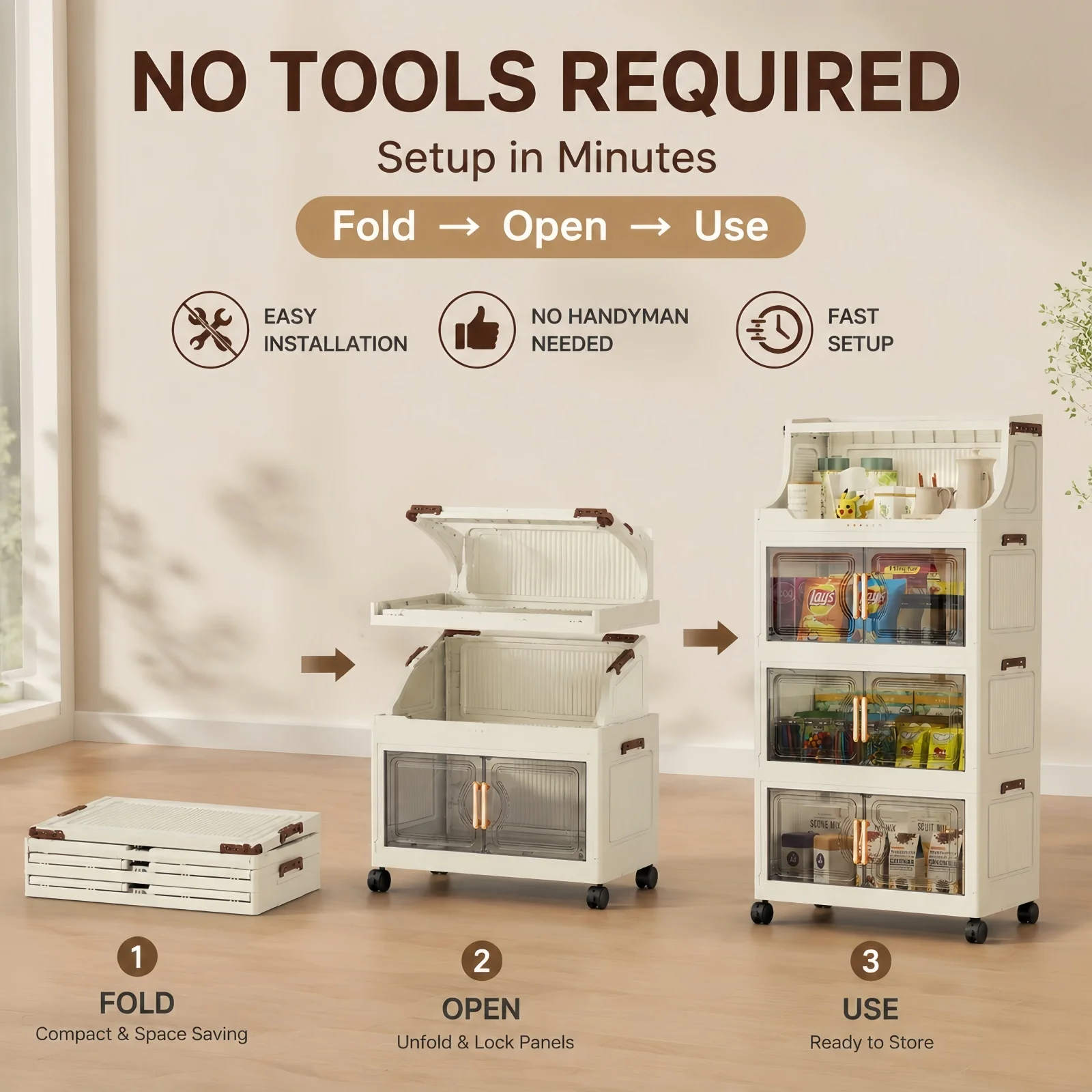 Foldable Rolling Storage Cabinet with Transparent Doors, No Tool Assembly Fold Flat Plastic Storage Organizer with 360° Wheels, Renter Friendly Storage Cart for Bathroom Kitchen Bedroom, 2/4/5 Layers Optional