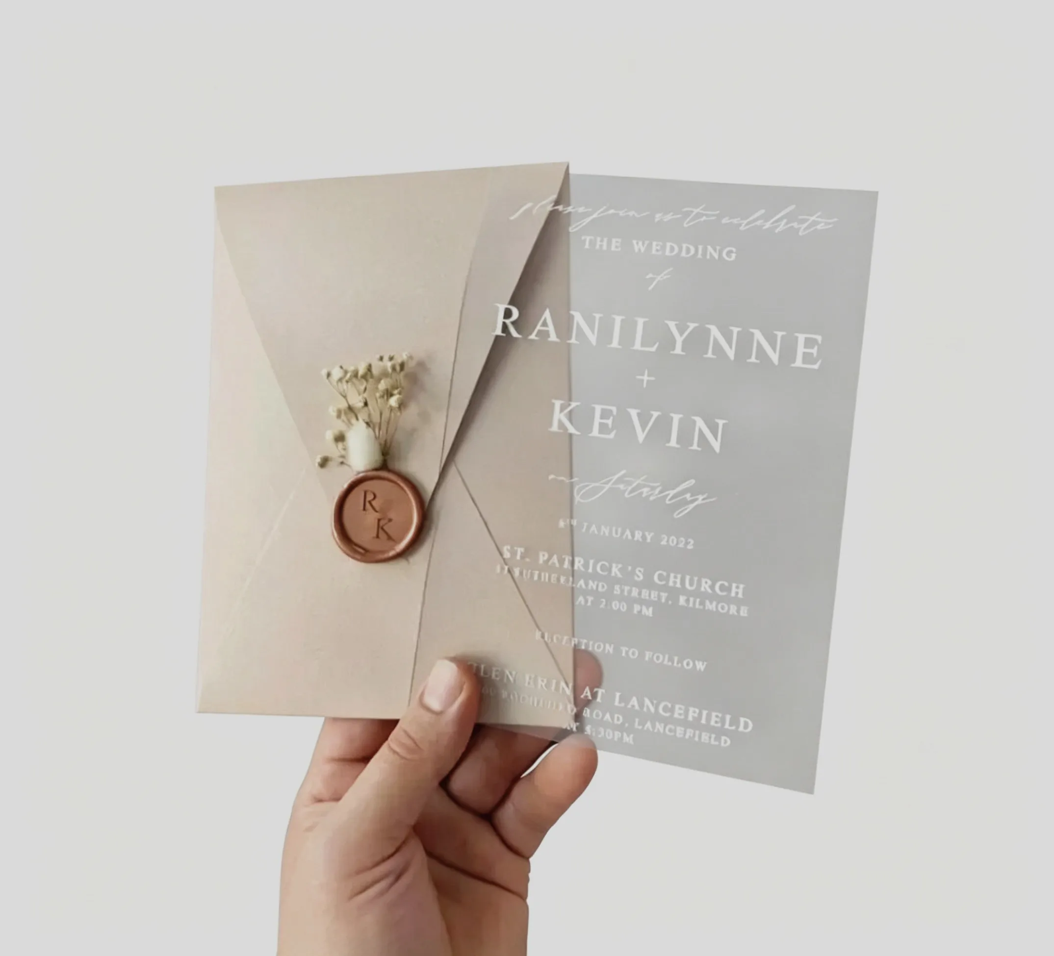 10pcs Frosted Acrylic Wedding Invitation Card with White Ink Custom Ivory Envelop Wedding Souvenir Engagement Party Invitations